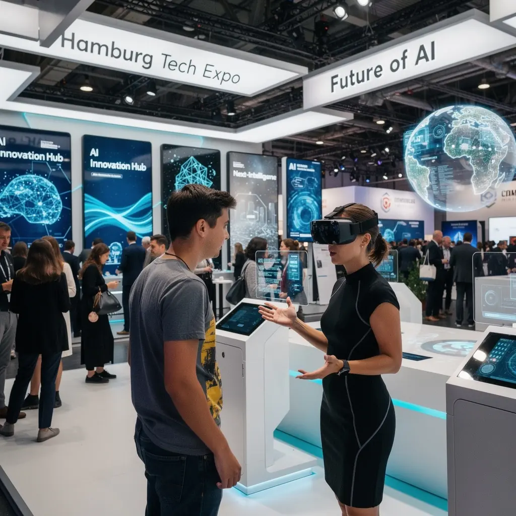 Eine Gruppe von Fachleuten diskutiert lebhaft über neue Technologien in einem Konferenzraum.